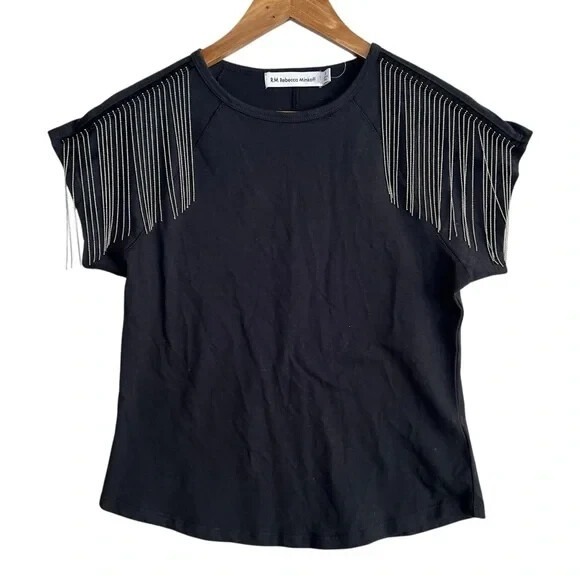 Rebecca Ingram Tops - Rebecca Minkoff Black Fringe Shoulder Tee Top Size‎ S NWOT Embellished Chic